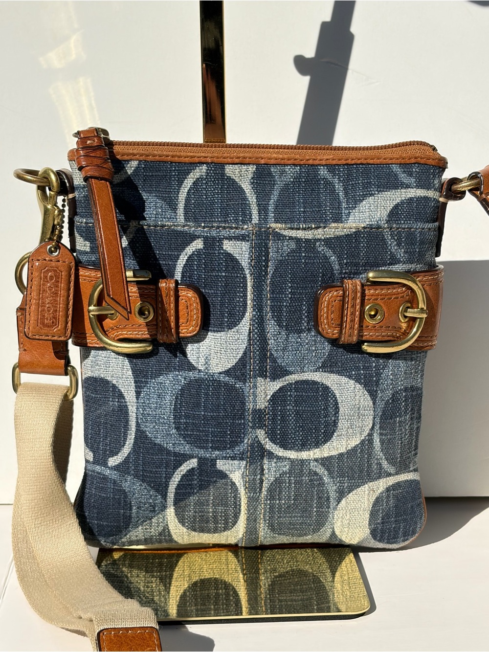 Coach Navy Signature Canvas Crossbody with Tan Leather Trim